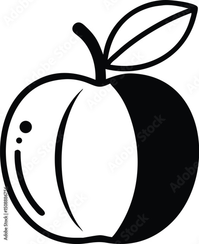 Black outline presents fresh apple with leaf on a white backdrop seamlessly