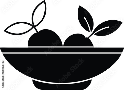Two cherries with leaves sit stylishly in a black bowl, set against a transparent background