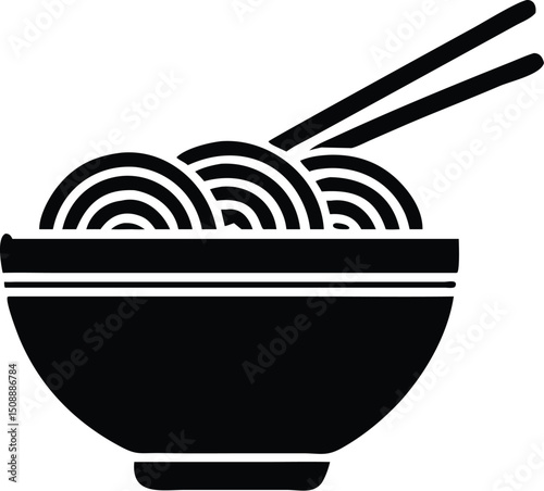 Black bowl containing noodle silhouette features two chopsticks on a transparent background