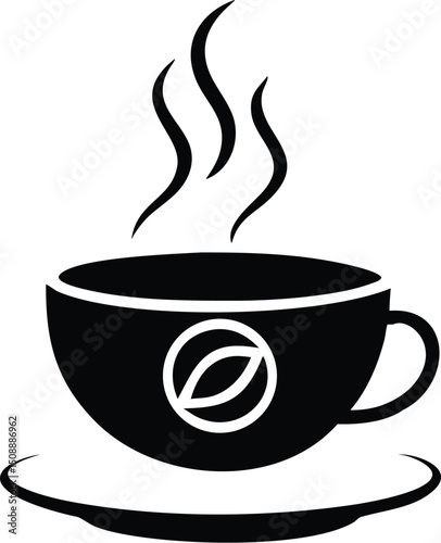Silhouette of steaming cup of beverage resting on saucer with circular design, transparent background