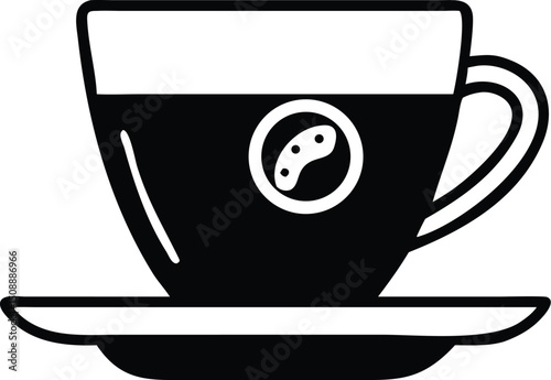 Minimalist black cup bearing circle with bean silhouette sits on small saucer isolated