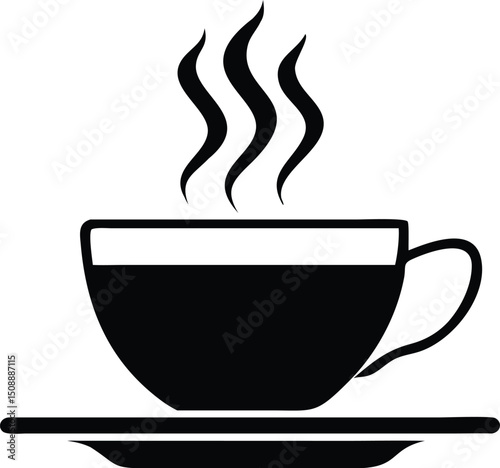 Black cup emanates curling steam while resting on a saucer, all presented on transparent background