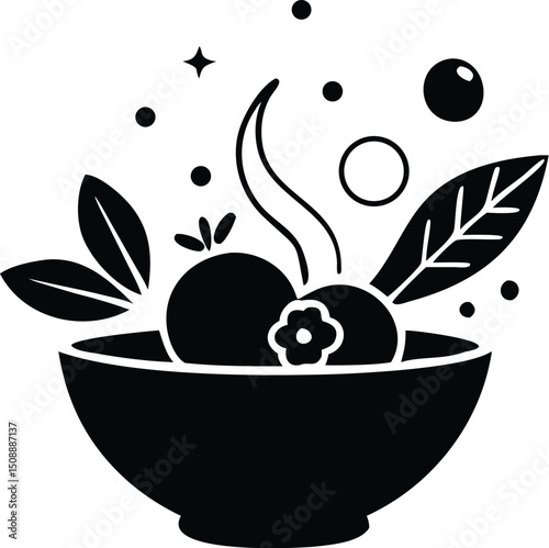 A bowl filled with blueberries and leaves has a star and dots above it
