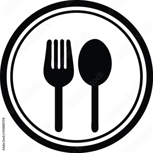 Fork and spoon are visible inside a black circle shape on a white background