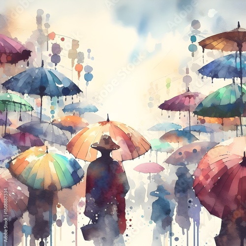 colorful umbrellas watercolor illustration