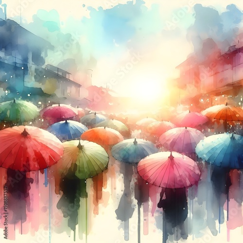 colorful umbrellas watercolor illustration
