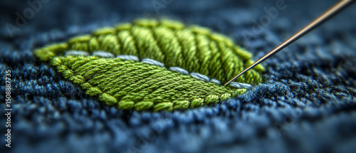 Vibrant needlepoint knitting on fabric that emphasizes detail and texture. Useful for articles on needlework and design.