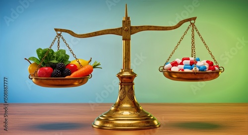 Weighing life expectancy with a brass balance scale of healthy fruits and medical pills