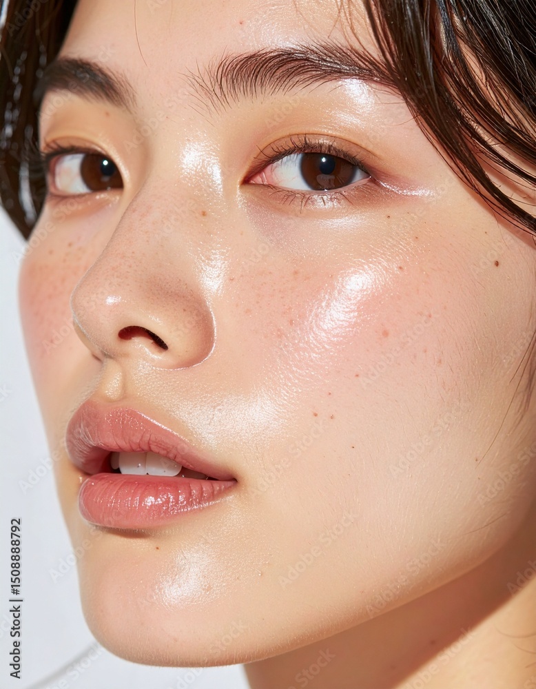 Fototapeta premium 日本人, 超リアル, 美しい, 若い女性, 顔, クローズアップ, 欠点のない肌, 輝く肌質, ナチュラルメイク, 柔らかなライティング, 美容CM風, シネマティック, カメラ目線, 高解像度,Japanese, ultra-realistic, beautiful, young woman, face, close-up, flawless skin, glowing complexion