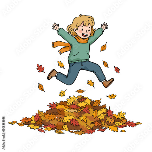 Happy child jumping into a pile of colorful autumn leaves  