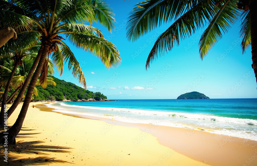 Fototapeta premium Tropical beach with palms, turquoise water, golden sand