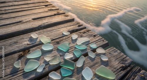 Sea Glass Treasures on Wooden Dock at Sunset, Ocean View and Coastal Serenity.