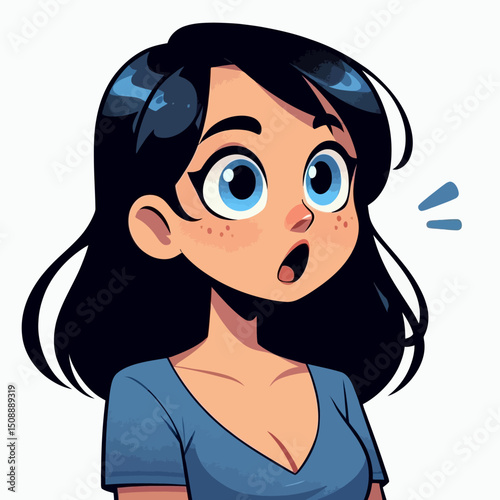 A colorful cartoon illustration of a young girl with long black hair and large expressive blue eyes, displaying a surprised or amazed facial expression.