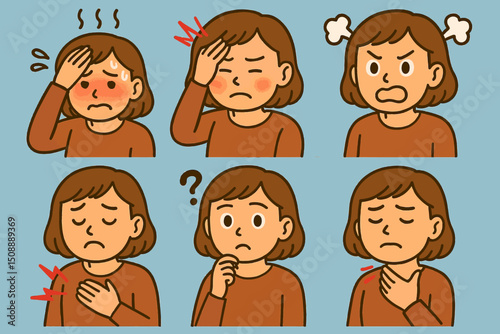 Cartoon Woman Experiencing Various Health Symptoms Vector Illustration