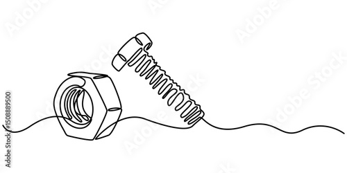 Stainless Steel Nut Bolt continuous one line drawing, Screw, bolt and nut, dowel, pin, pintle one line art. Continuous line drawing of repair, professional, hand, people, concept, support. 