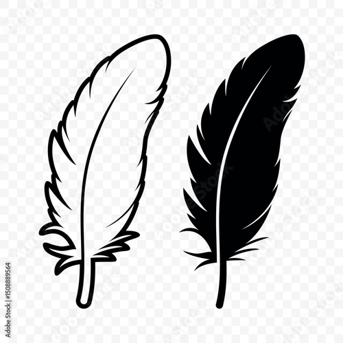 Vector Black and White Fluffy Feather Logo Icons. Silhouette Feather Set Closeup Isolated. Design Template of Flamingo, Angel, Bird Feather. Lightness and Freedom Concept