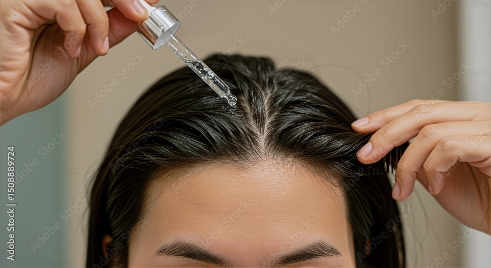 Naklejka premium Dandruff treatment serum applied with dropper to scalp and hairline