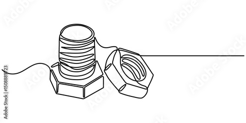 Stainless Steel Nut Bolt continuous one line drawing, Screw, bolt and nut, dowel, pin, pintle one line art. Continuous line drawing of repair, professional, hand, people, concept, support. 