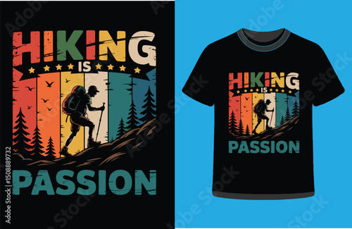 Go Hiking T-Shirt Design with Mountain and Sunset Illustration.