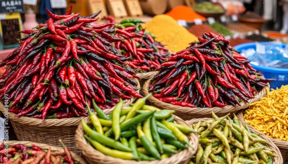 Naklejka premium Vibrant market stall display featuring Szechuan peppers piled high in woven baskets amidst assorted hot peppers and spices