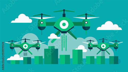 A formation of modern air drones equipped with tingedge green technology demonstrating how efficient and ecofriendly aerial transportation can be.. Vector illustration