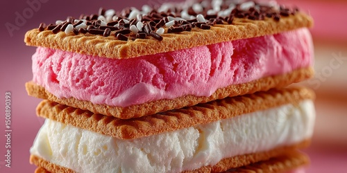Delightful ice cream sandwiches stacked with pink and white ice cream and chocolate sprinkles on a colorful background