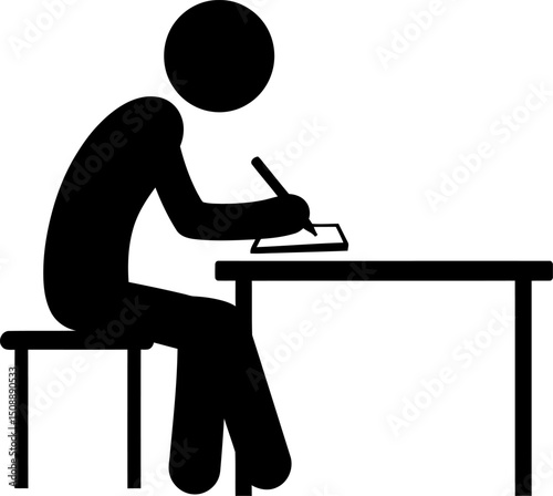 Person Writing at Desk Simple Stick Figure Illustration of Studying, Note-Taking, or Working