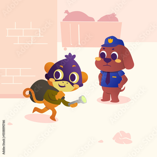Vector cartoon of a cute monkey who is a thief who is sneaking around in an alley with his stolen goods but there is already a police dog who is blocking him