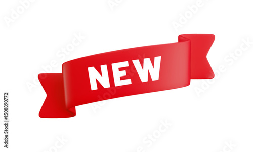 Vector cartoon 3d New Arrival badge. Red label ribbon with text. Realistic 3d render online shop banner. Cute design element for web, banner design, sticker or tag, new collection sign, advert, app.