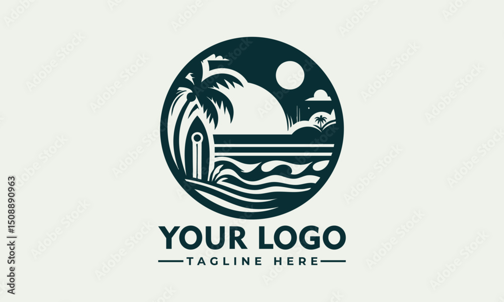 Obraz premium Retro beach scene with surfboard, palm trees, ocean waves, and sunset in circular design 