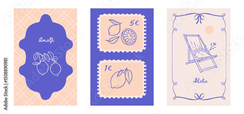 Italian vacation hand drawn posters set with doodle sketch elements. Lemons, beach lounger in dolce vita style. Linear vector drawings for poster, placard.