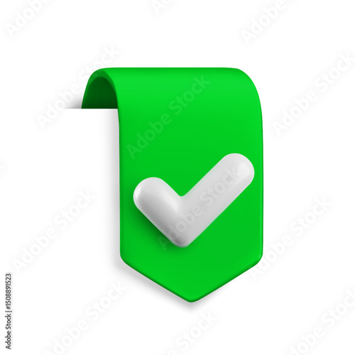 Vector Realistic 3d green ribbon check mark sign. Vintage design element, decorative bookmark sticker with white yes tick. Cartoon 3d select button ribbon tag for web design element, ui, game, app.