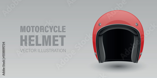 Vector 3D Realistic Red Classic Vintage Open-Face Motorbike Helmet. Glossy Motorcycle Helmet Design Template for Mockup. Front View. Motorcycle Helmet Icon, Closeup, Isolated
