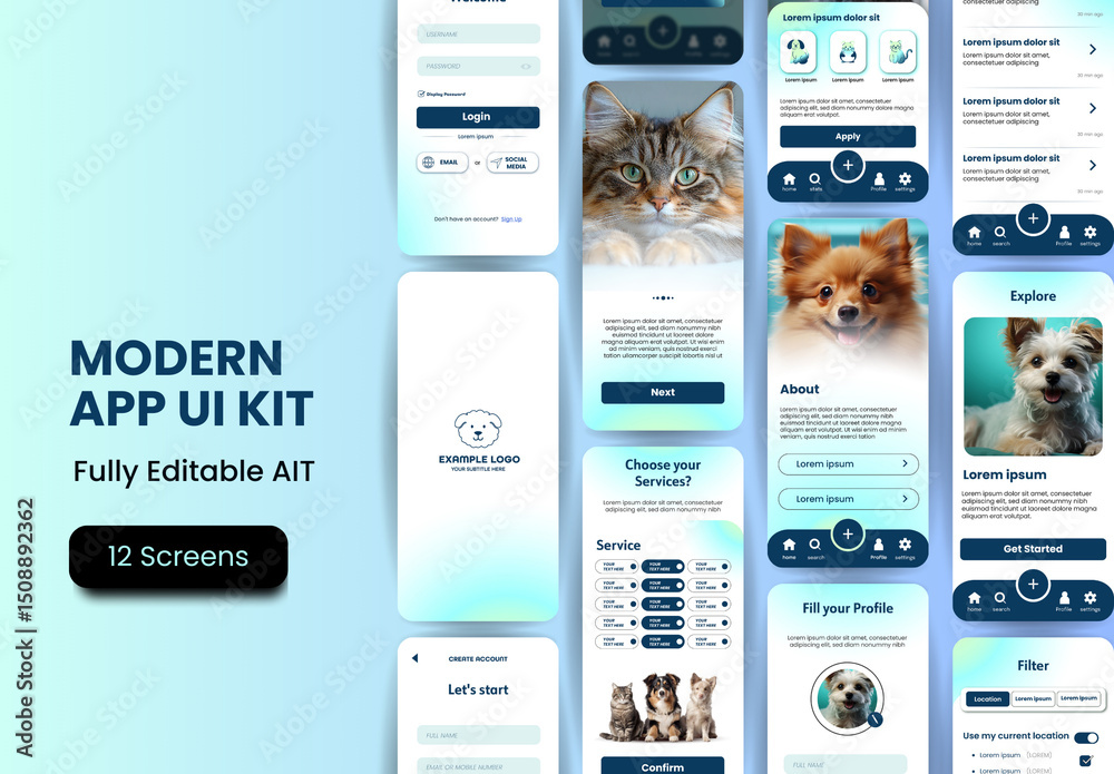 White And Blue Pet Services Veterinary Screen Mobile App UI UX Template ...