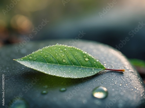 DewKissed Leaf Resting on a Smooth Stone. A Microcosm of Natural Beauty. photo