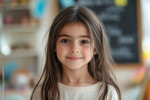 Young Arabian girl smiles warmly while standing in a lively classroom filled with cheerful colors and a blackboard in the background, reflecting her joy for learning
