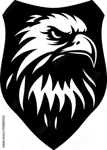 A stylized, monochrome depiction of an eagle’s head in a front-on view. The feathers are drawn with bold, flowing lines and the beak and eyes show fierce determination. The black background creates a 