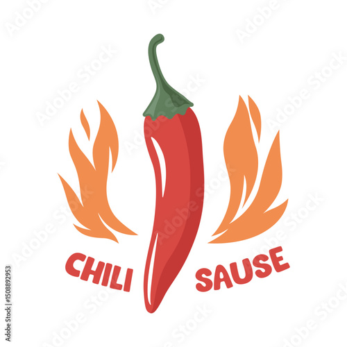 Spicy Chili Pepper With Flames Hot Sauce Logo. Fiery Chili Pepper Illustration For Spicy Food Branding. Chili Pepper Vector Art with Fire for Hot Sauce Label, Icon For Mexican Cuisine