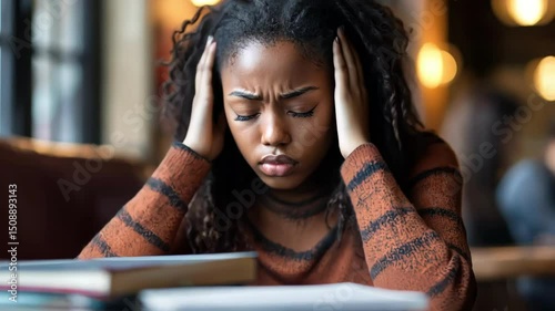 Stressed young adult African woman with headache studying with books, feeling tired.
