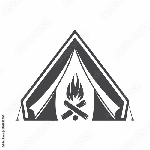 Camping Tent with Campfire Vector Icon.