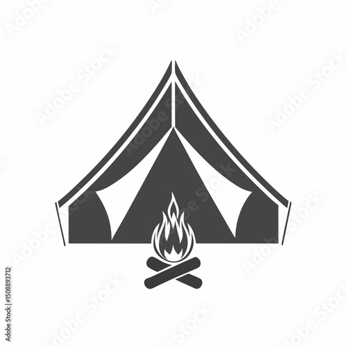 Camping Tent with Campfire Vector Icon.