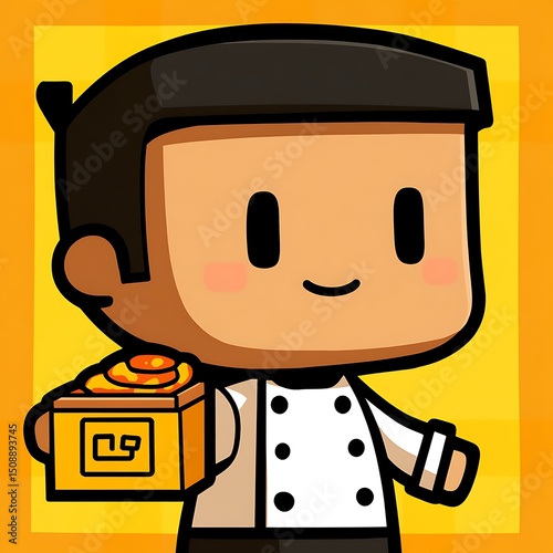 Cartoon chef proudly holding a freshly baked pastry dessert ready to serve