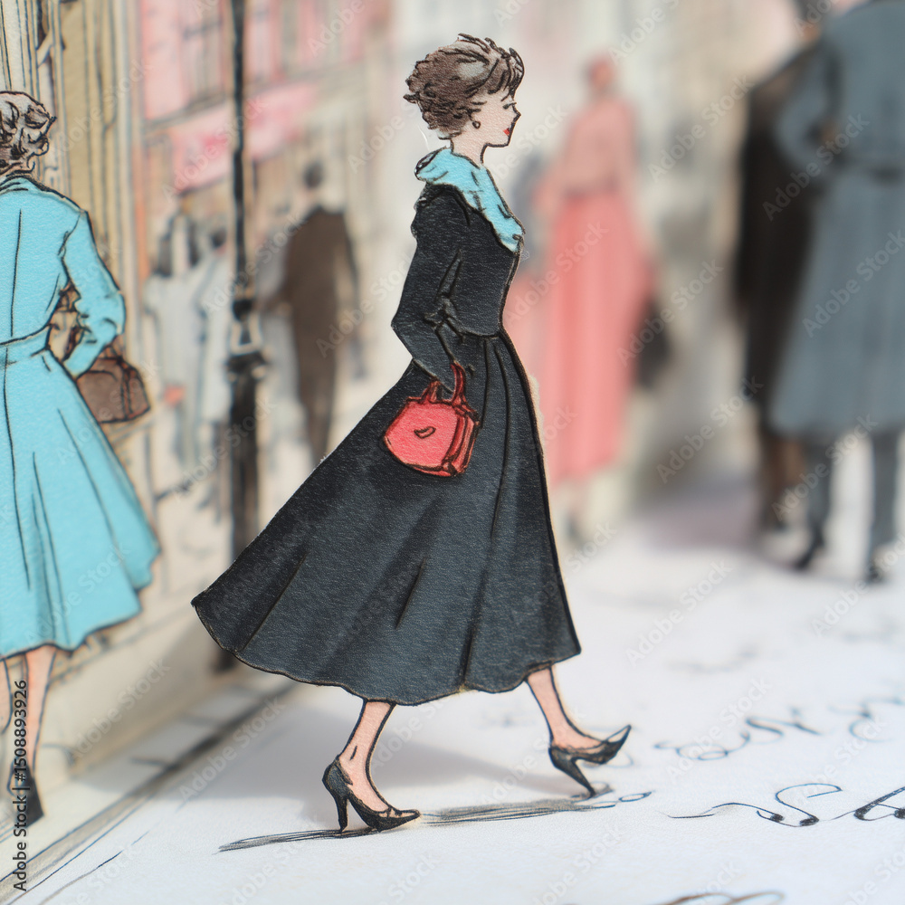 Obraz premium Fashionable woman in elegant coat and heels carries red purse while walking in city street surrounded by stylish pedestrians