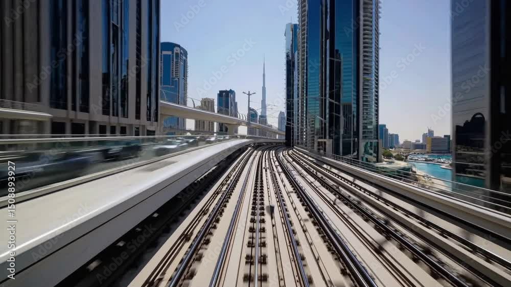 Cityscape Rails: A dynamic perspective showcases the elevated metro system traversing a modern metropolis, blending elements of urban transit, architecture, and technological advancement.