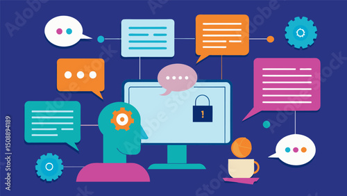 A cognitive computer using natural language processing to analyze text data and identify key themes in customer feedback.. Vector illustration