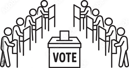 Vector Illustration of Voters at Polling Stations with Ballot Box – Election and Voting Concept