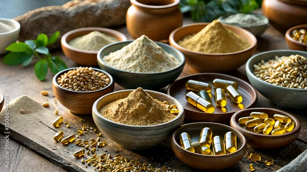 Assorted Herbal Powders and Capsules in Wooden Bowls Arranged on Rustic Table with Green Leaves
