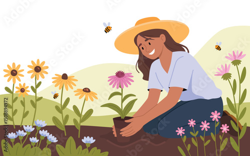 Joyful Woman Planting Colourful Flowers