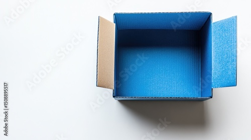 Blue cardboard box on white background with fillers, top view with empty space.