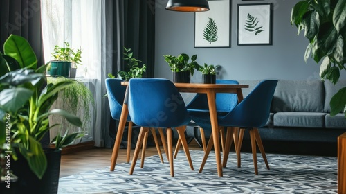 Blue chairs at dining table in flat interior with plants and sofa on patterned carpet